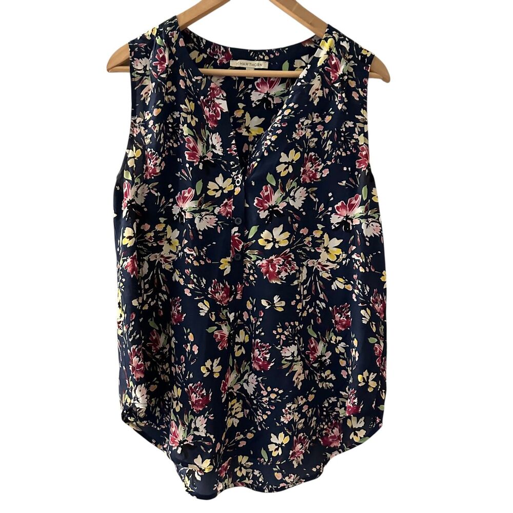 41 Hawthorn Navy Blue + Pink Floral 100% Silk Sleeveless Button Up Blouse Size L